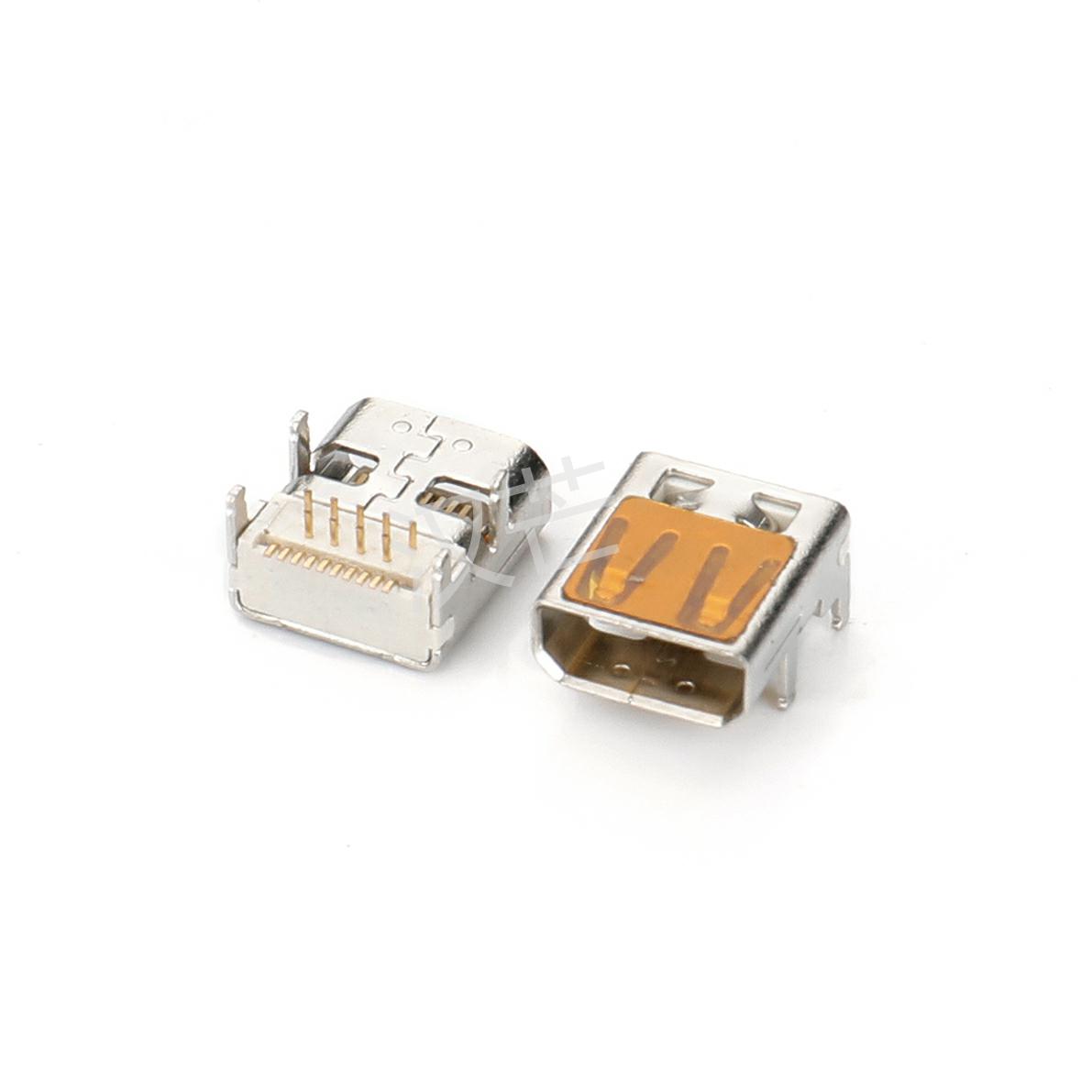 HDMI D母端子前插后贴外壳DIP 外壳脚距4.9